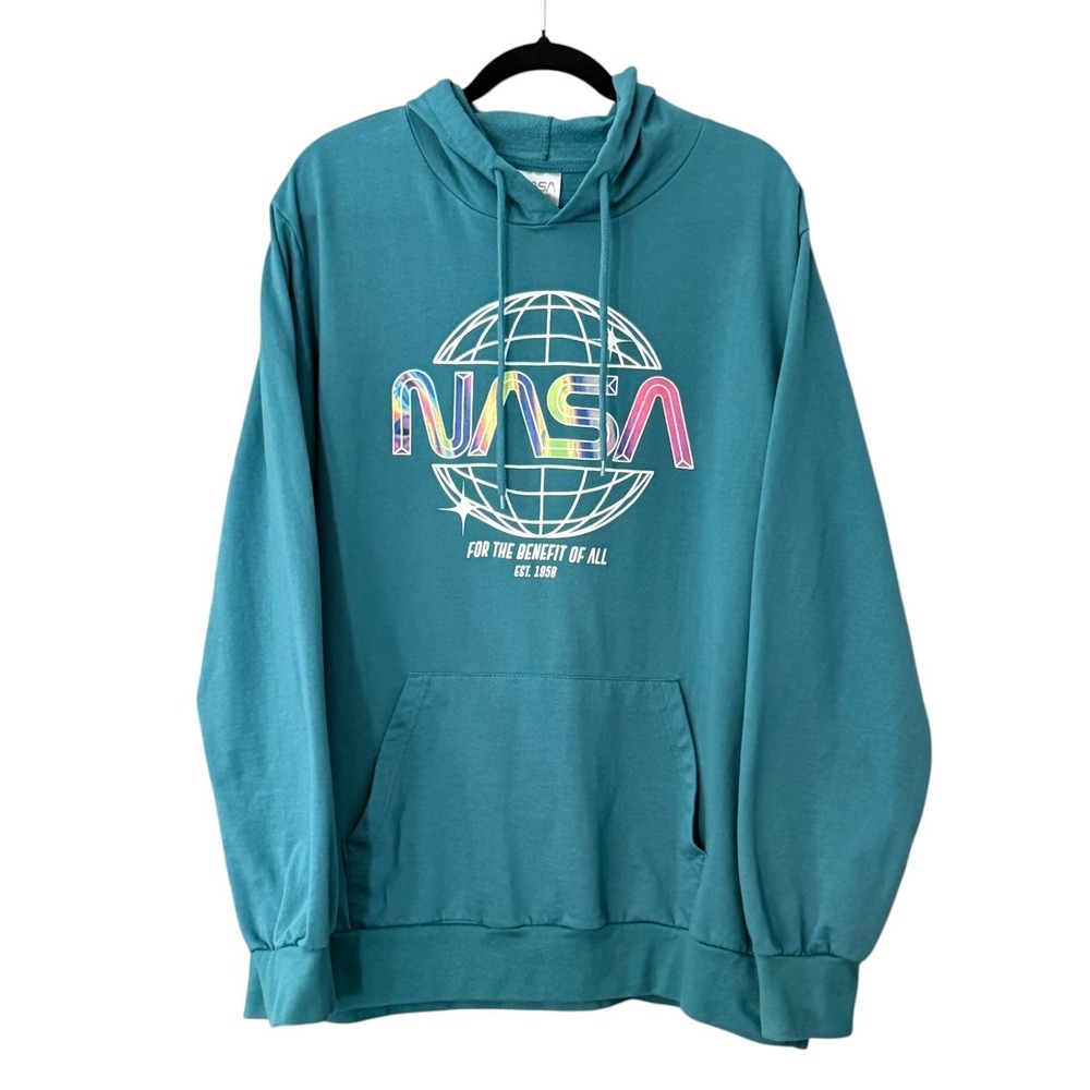 NASA Hoodie Mens Size XL Teal Graphic Sweatshirt For The Benefit Of All Comfort